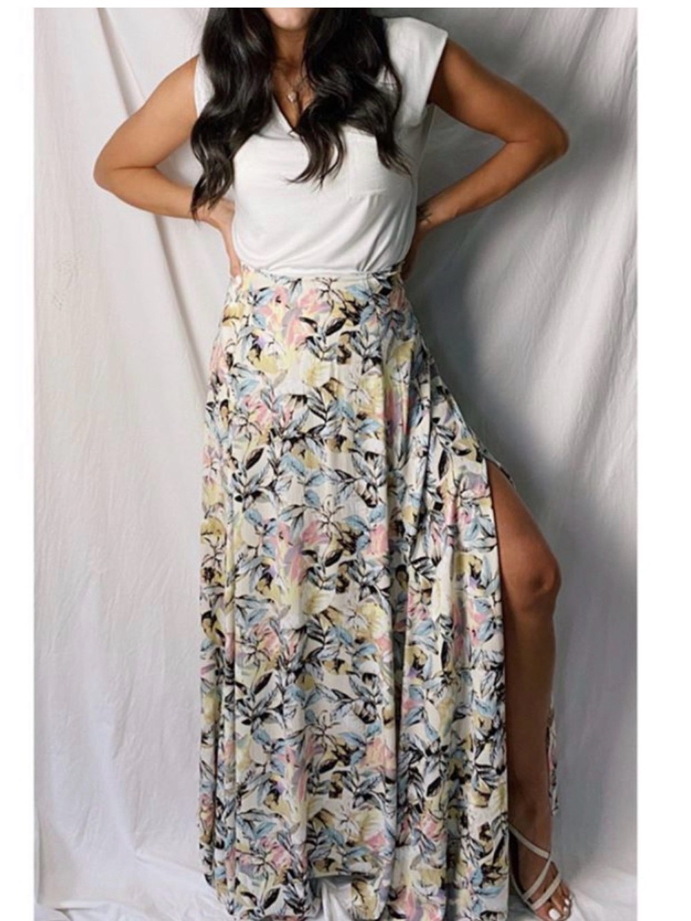 Floral Pastel High-Slit Maxi Skirt - White Base